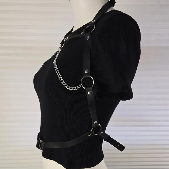 New! Heart Themed Black Harness Bra Chain Festival Rave Goth Adjustable - Picture 5 of 9